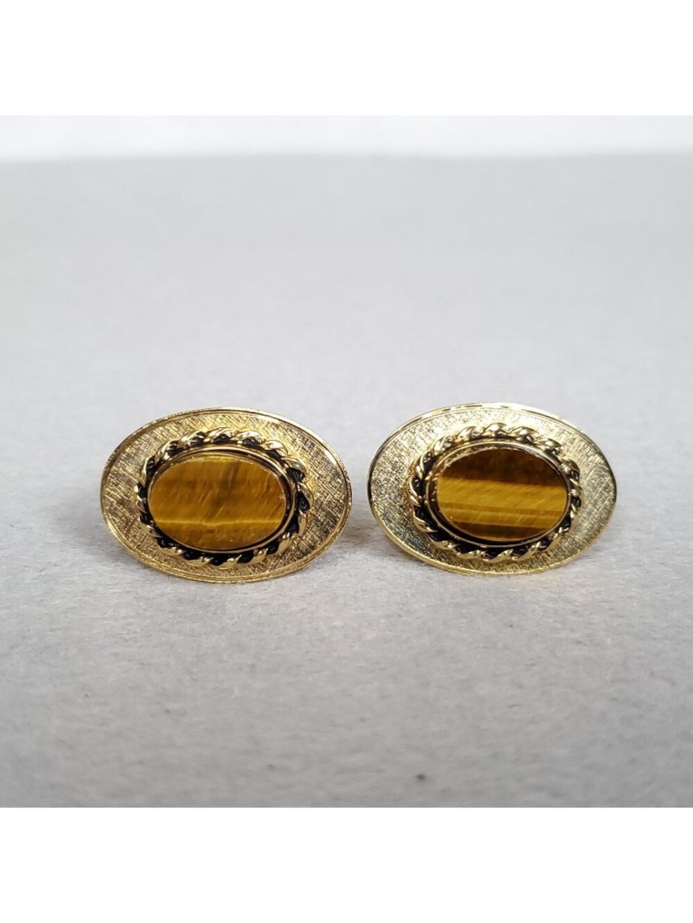 Vintage Dante Tigers Eye Cufflinks Gold Tone Brown Oval 1"